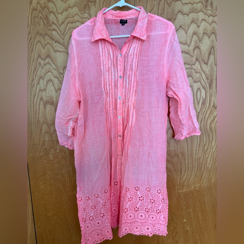 Pink Button-Up Tunic with Eyelet Hem